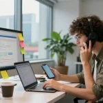 telephone lookup by phone number in a bright urban office with mobile technology analysis