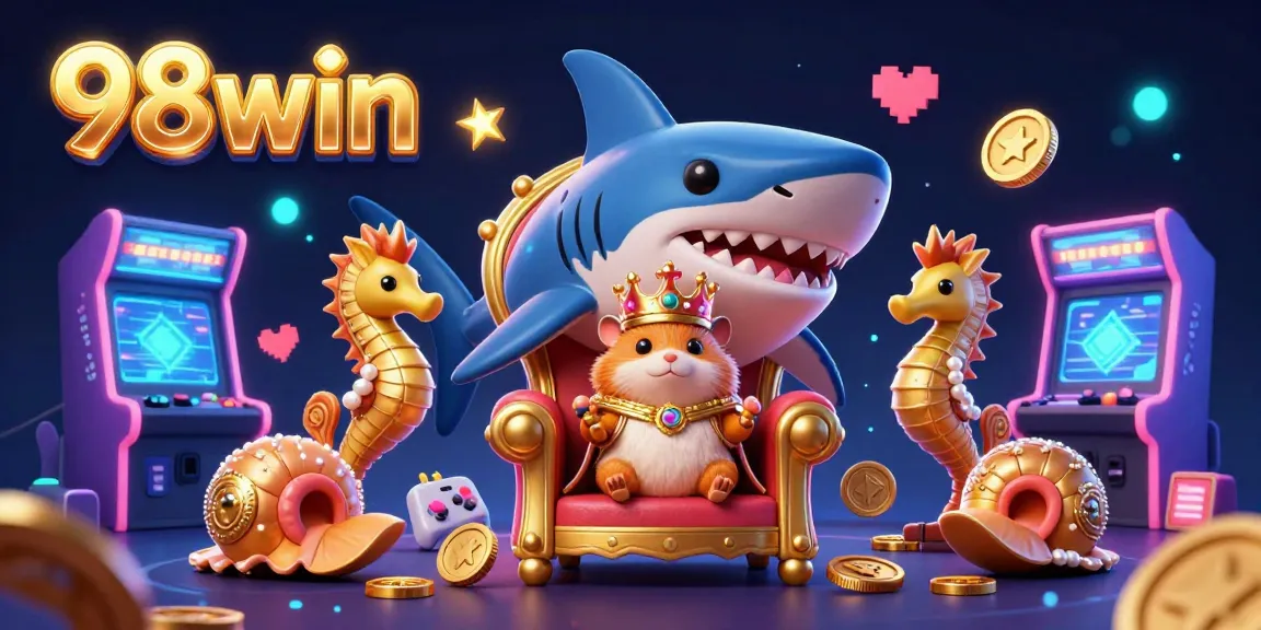 Engage with thrilling gaming action at 98win, featuring bold 3D characters and gold casino elements for a vibrant experience.
