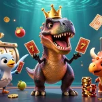 Experience excitement at nohu90com with a T-Rex playing cards, dynamic slot elements, and vibrant casino action.