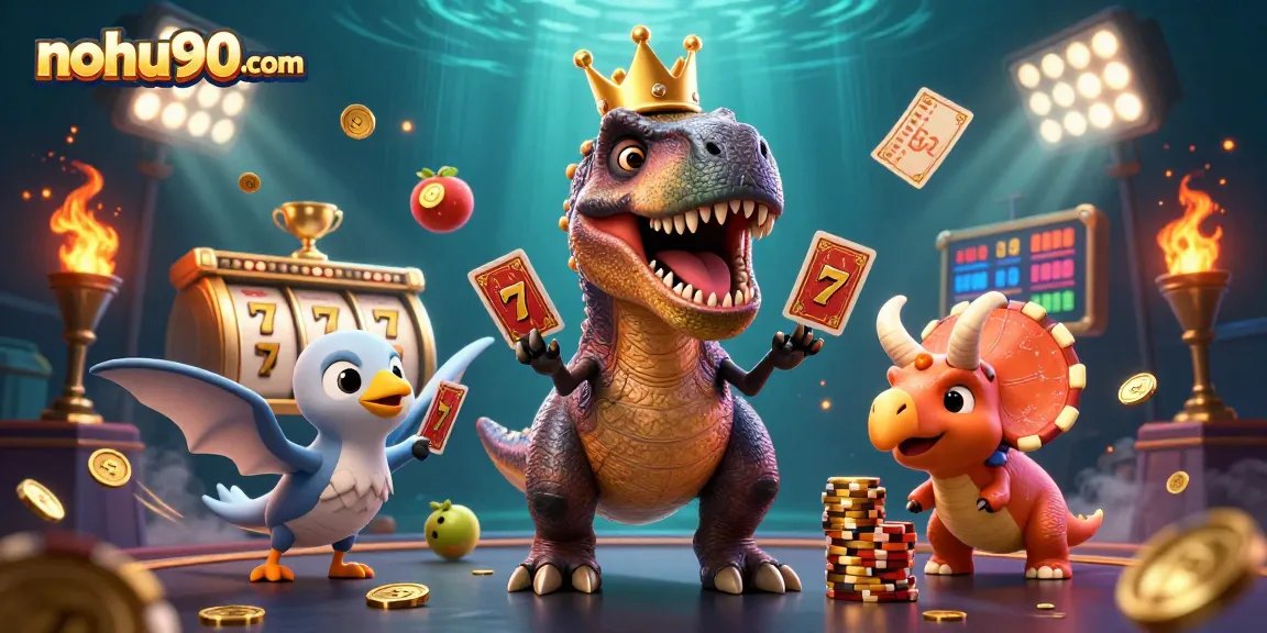 Experience excitement at nohu90com with a T-Rex playing cards, dynamic slot elements, and vibrant casino action.
