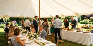 Marquee hire London setup for a wedding reception with guests enjoying a vibrant outdoor event.