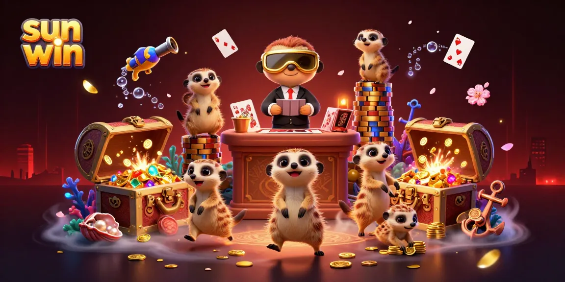 Experience the excitement of sun win's vibrant casino with charming meerkat dealers in action.